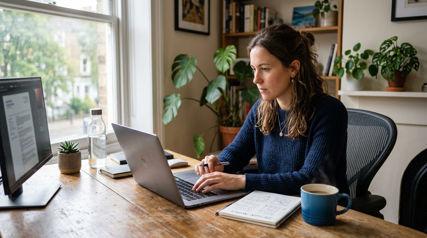 A freelance designer reviewing an AI-generated application pack on a laptop at a desk